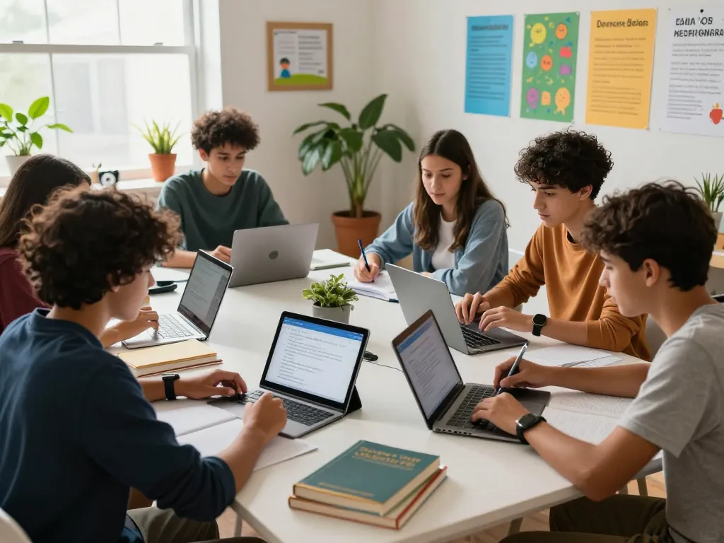 Schüler, die die Hausaufgaben-KI-App in einem kollaborativen Hausaufgabensetting verwenden, und moderne Bildung sowie Technologieintegration präsentieren.