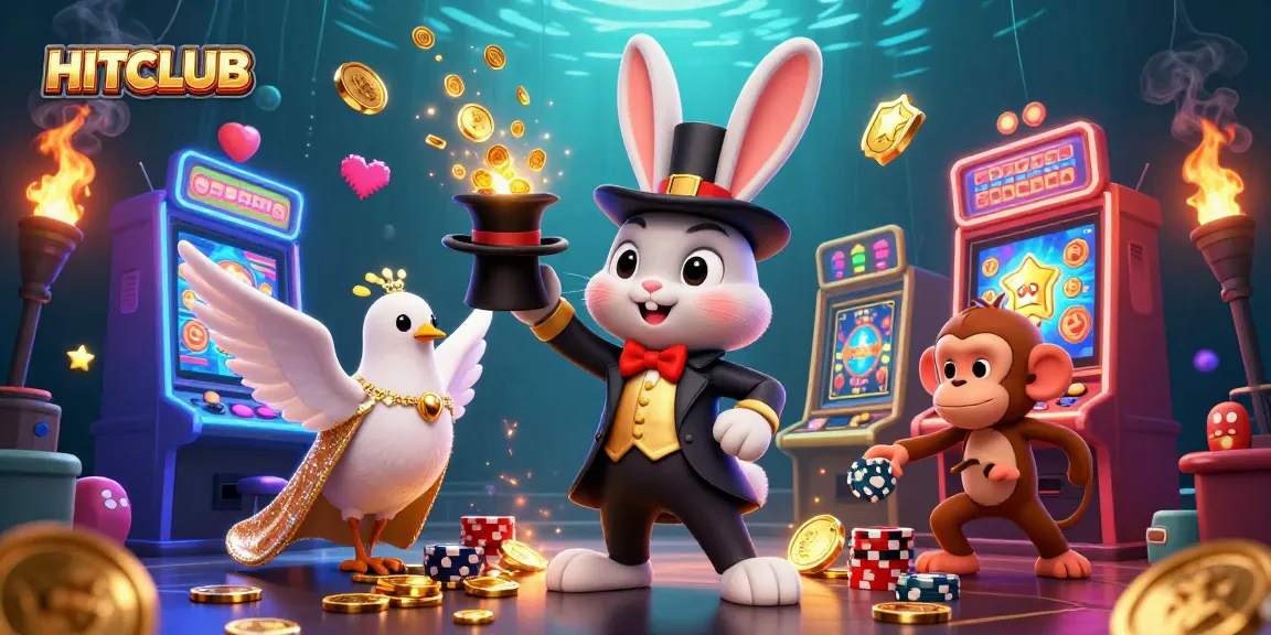 HITCLUB magician rabbit reveals golden coins in a vibrant casino scene rich with dynamic gaming elements.