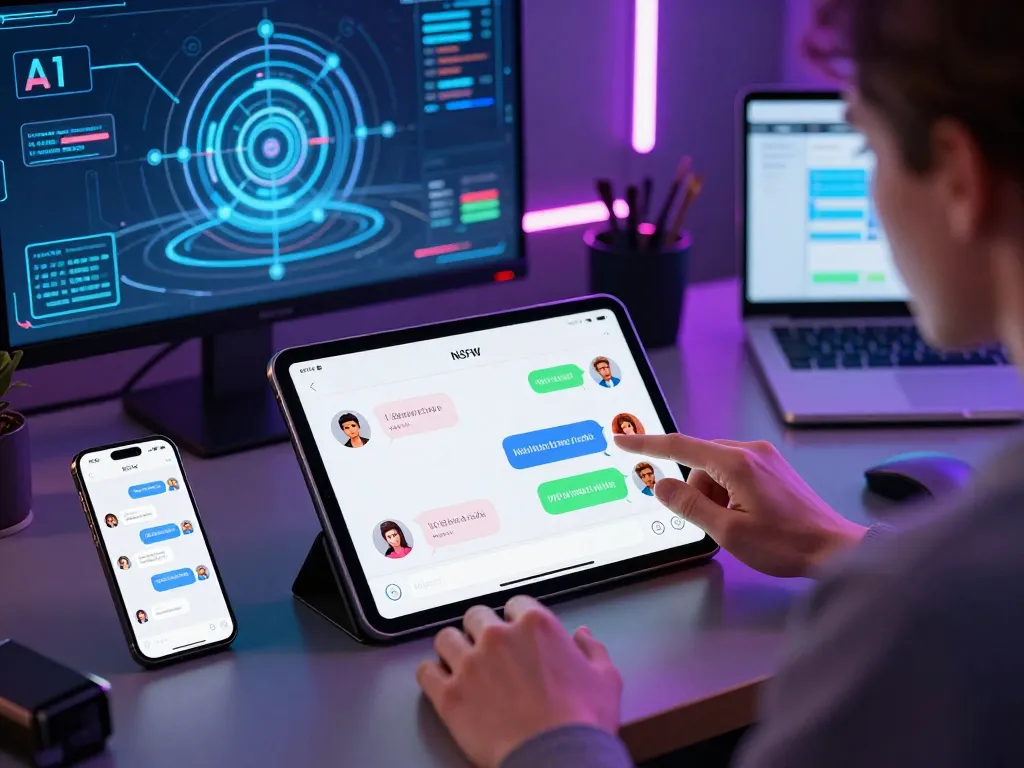Engaging NSFW chat bot interface showcasing vibrant character conversations on a sleek tablet.