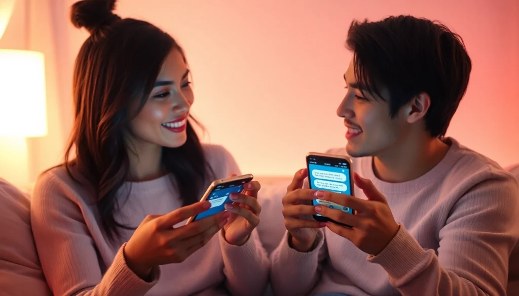 Couple engaging in ai sexting on smartphones in a cozy setting, showcasing intimate digital conversation.
