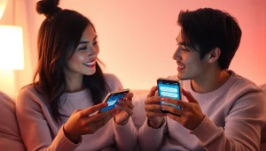 Couple engaging in ai sexting on smartphones in a cozy setting, showcasing intimate digital conversation.