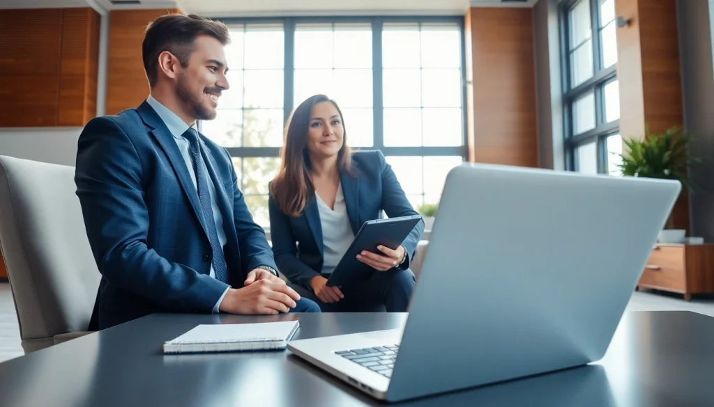 Headhunter Schweiz führt ein Gespräch über Karrieremöglichkeiten in einem eleganten Büro.